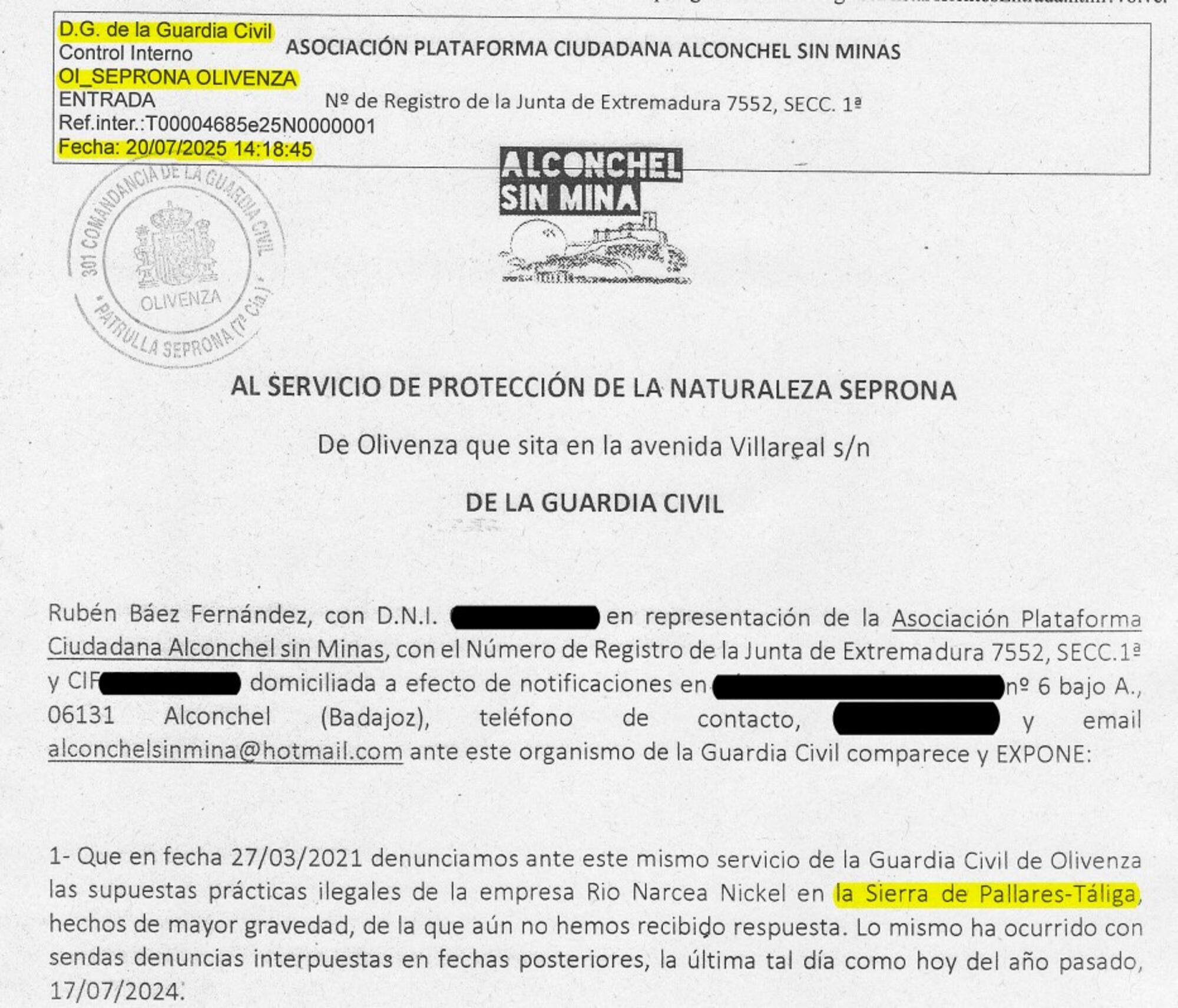 Denuncia Alconchel sin mina